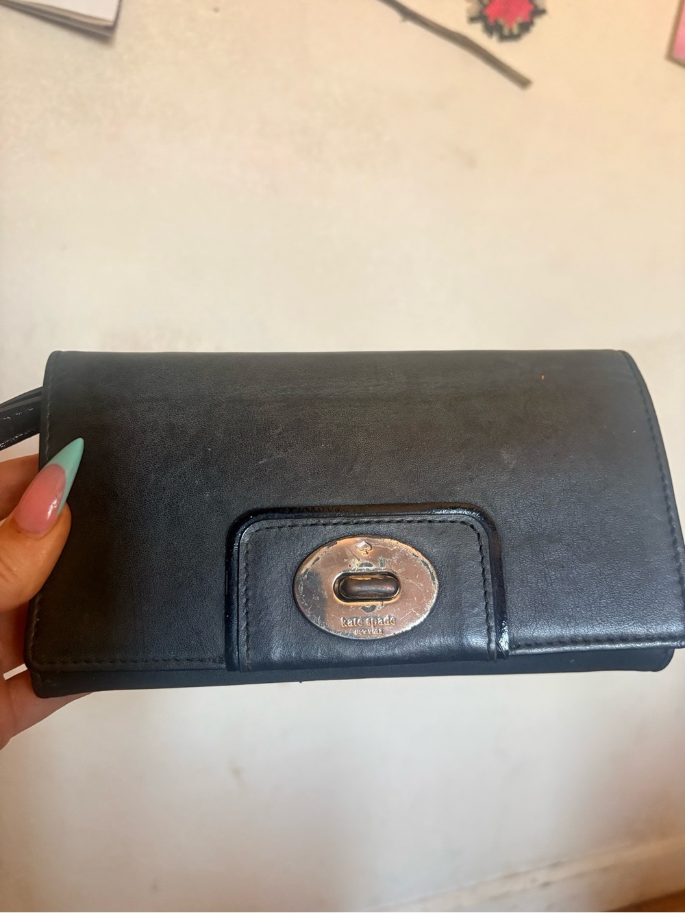 Well loved kate spade Black Leather Wallet with Silver Turnlock